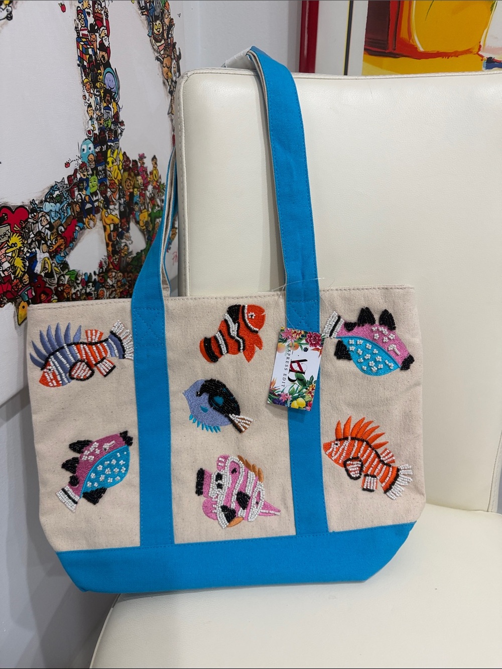 America & Beyond Beaded Colorful Fish Canvas Tote Bag with Bright Blue Trim